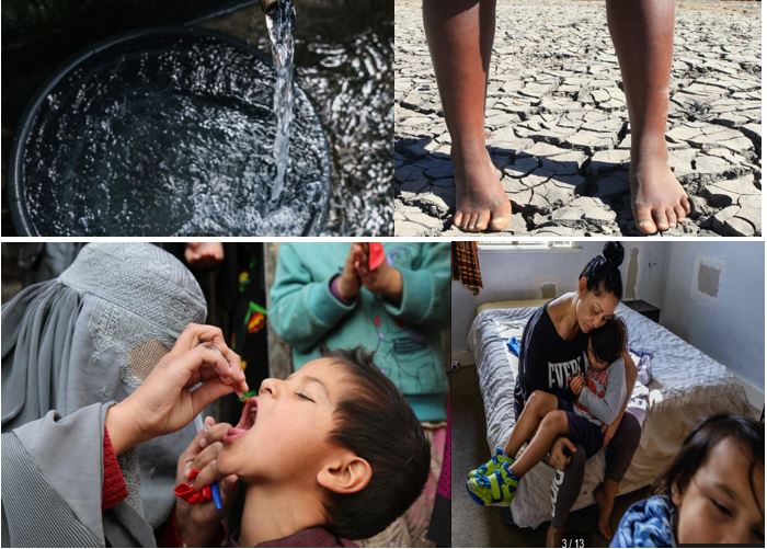 Collage of images of water and children being cared for
